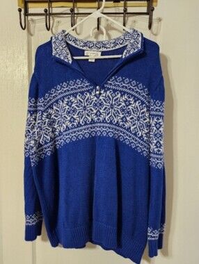 CJ Banks Fair Isle Blue Pullover Partial Zip Sweater Plus Size 3X 24/26 Classic